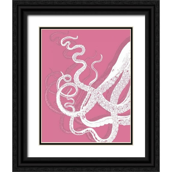 Fab Funky 26x32 Black Ornate Wood Framed with Double Matting Museum Art Print Titled - Octopus White on Pink b