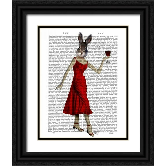 Fab Funky 26x32 Black Ornate Wood Framed with Double Matting Museum Art Print Titled - Rabbit in Red Dress
