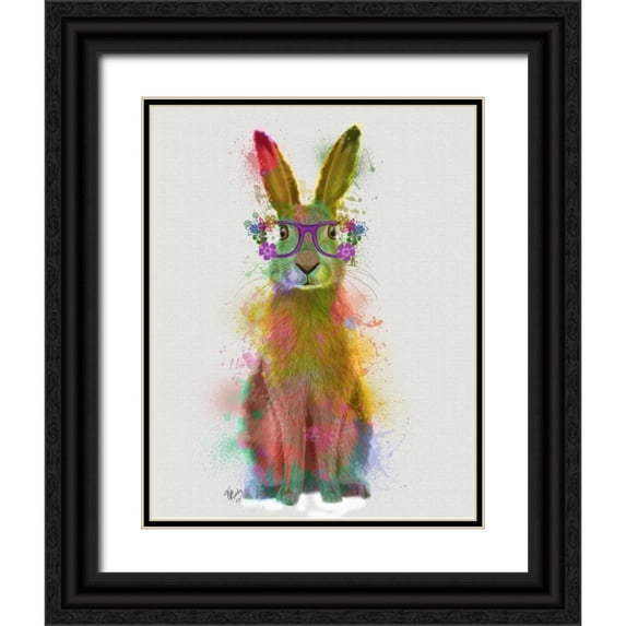 Fab Funky 26x32 Black Ornate Wood Framed with Double Matting Museum Art Print Titled - Rainbow Splash Rabbit 1