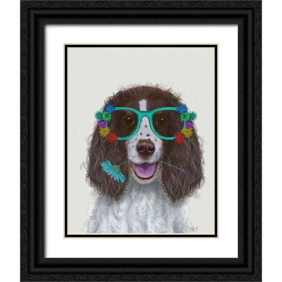 Fab Funky 26x32 Black Ornate Wood Framed with Double Matting Museum Art Print Titled - Springer Spaniel and Flower Glasses