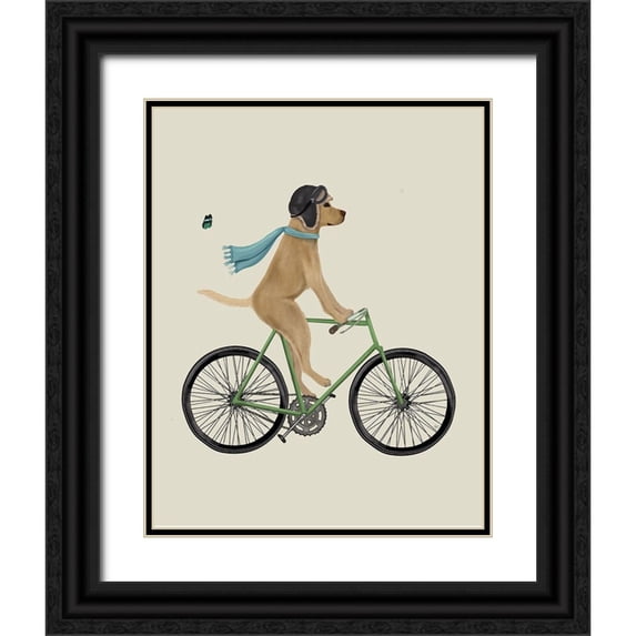 Fab Funky 26x32 Black Ornate Wood Framed with Double Matting Museum Art Print Titled - Yellow Labrador in Flying Helmet on Bicycle