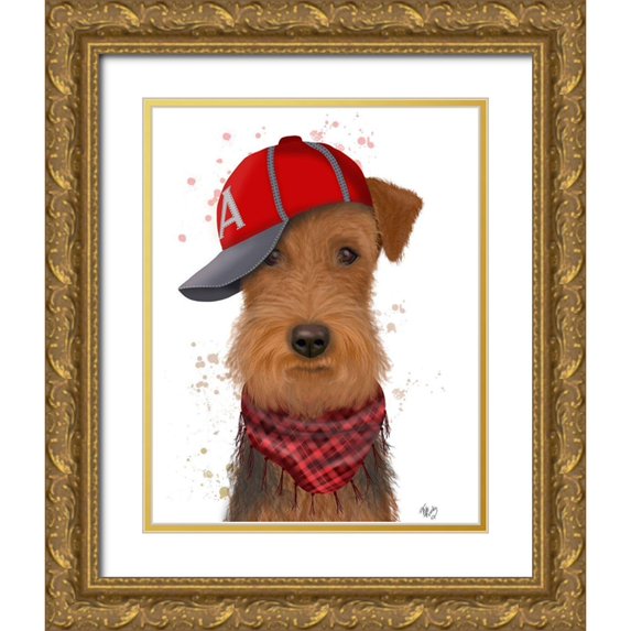 Fab Funky 26x32 Gold Ornate Wood Framed with Double Matting Museum Art Print Titled - Airedale and Baseball Cap