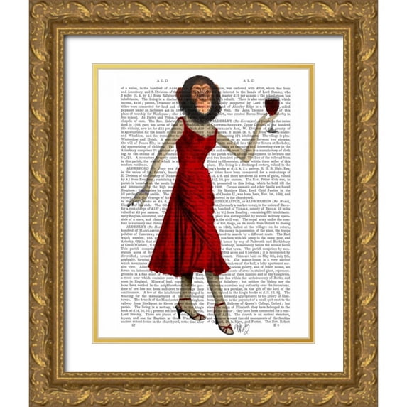 Fab Funky 26x32 Gold Ornate Wood Framed with Double Matting Museum Art Print Titled - Chimp With Wine