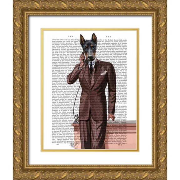Fab Funky 26x32 Gold Ornate Wood Framed with Double Matting Museum Art Print Titled - Doberman on Phone
