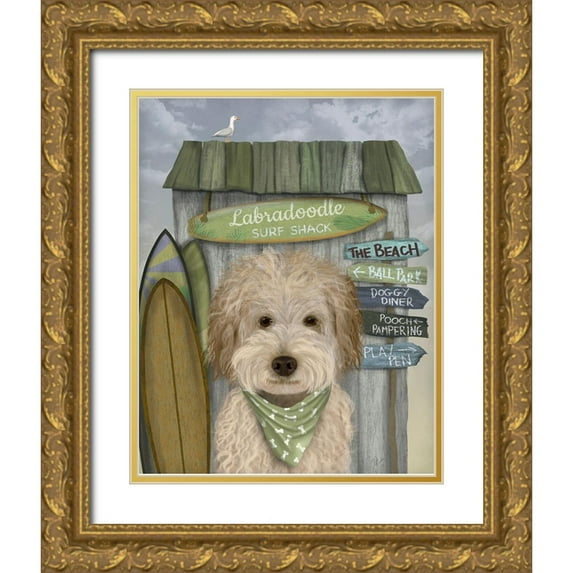 Fab Funky 26x32 Gold Ornate Wood Framed with Double Matting Museum Art Print Titled - Labradoodle, Cream, Surf Shack