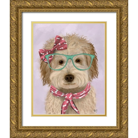 Fab Funky 26x32 Gold Ornate Wood Framed with Double Matting Museum Art Print Titled - Labradoodle, Cream, with Glasses and Scarf