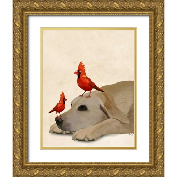 Fab Funky 26x32 Gold Ornate Wood Framed with Double Matting Museum Art Print Titled - Labrador with Red Birds