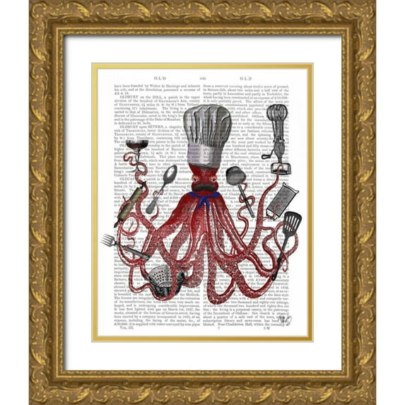 Fab Funky 26x32 Gold Ornate Wood Framed with Double Matting Museum Art Print Titled - Octopus Fabulous French Chef