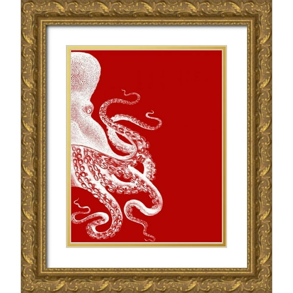 Fab Funky 26x32 Gold Ornate Wood Framed with Double Matting Museum Art Print Titled - Octopus Red and White b