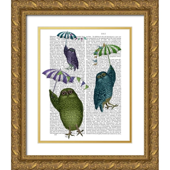 Fab Funky 26x32 Gold Ornate Wood Framed with Double Matting Museum Art Print Titled - Owls with Umbrellas
