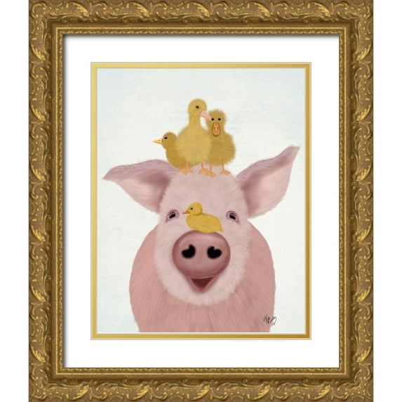 Fab Funky 26x32 Gold Ornate Wood Framed with Double Matting Museum Art Print Titled - Pig and Ducklings