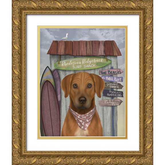 Fab Funky 26x32 Gold Ornate Wood Framed with Double Matting Museum Art Print Titled - Rhodesian Ridgeback Surf Shack