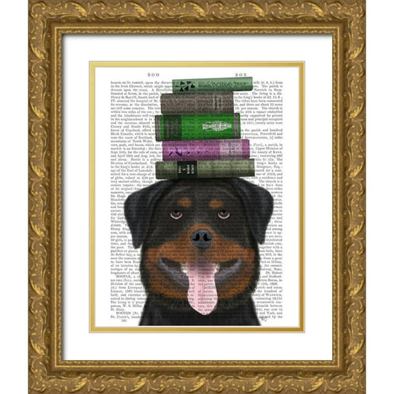 Fab Funky 26x32 Gold Ornate Wood Framed with Double Matting Museum Art Print Titled - Rottweiller and Books