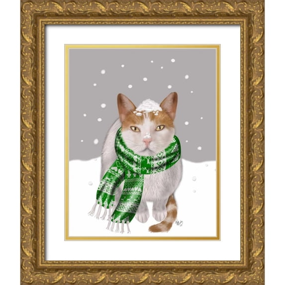 Fab Funky 26x32 Gold Ornate Wood Framed with Double Matting Museum Art Print Titled - White Cat, Green Scarf