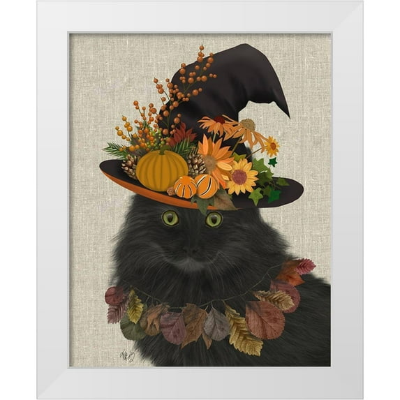 Fab Funky 26x32 White Modern Wood Framed Museum Art Print Titled - Black Cat with Autumn Hat, Portrait