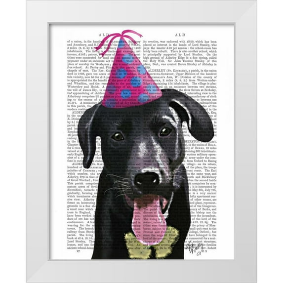 Fab Funky 26x32 White Modern Wood Framed Museum Art Print Titled - Black Labrador With Party Hat