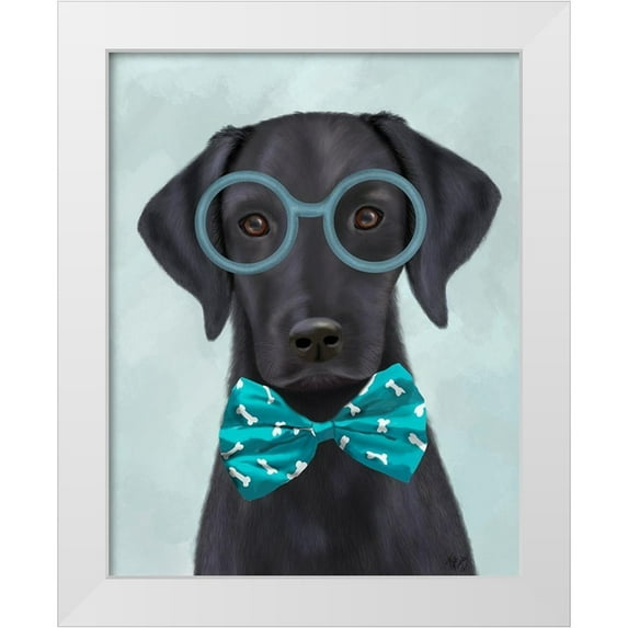 Fab Funky 26x32 White Modern Wood Framed Museum Art Print Titled - Black Labrador with Glasses and Bow Tie