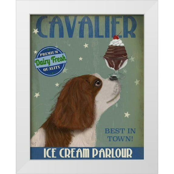 Fab Funky 26x32 White Modern Wood Framed Museum Art Print Titled - Cavalier King Charles, Brown White, Ice Cream