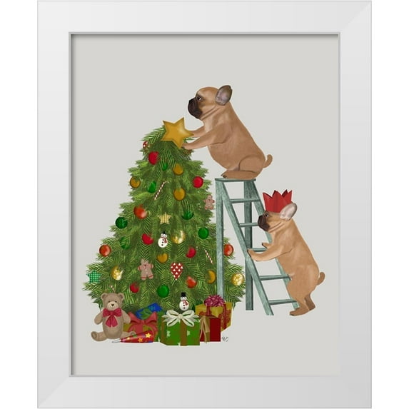 Fab Funky 26x32 White Modern Wood Framed Museum Art Print Titled - Christmas French Bulldog Tree Ladder