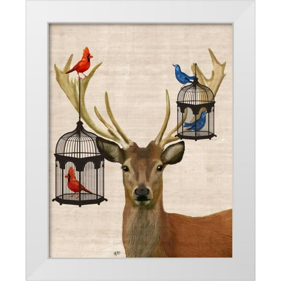 Fab Funky 26x32 White Modern Wood Framed Museum Art Print Titled - Deer And Bird Cages