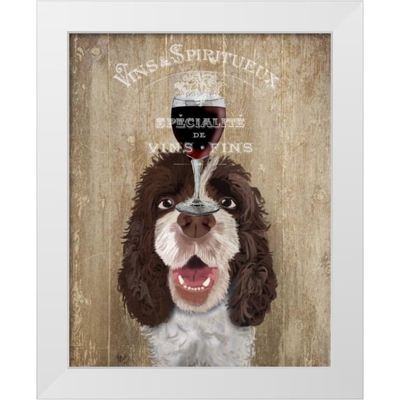 Fab Funky 26x32 White Modern Wood Framed Museum Art Print Titled - Dog Au Vin, Springer Spaniel