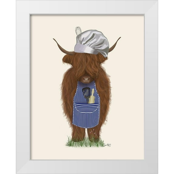 Fab Funky 26x32 White Modern Wood Framed Museum Art Print Titled - Highland Cow Chef