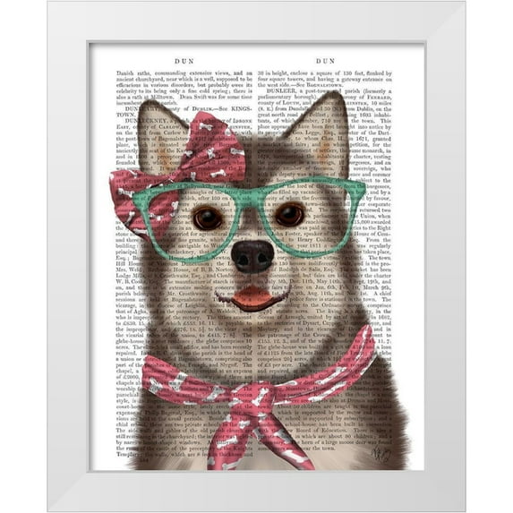 Fab Funky 26x32 White Modern Wood Framed Museum Art Print Titled - Husky with Glasses and Scarf