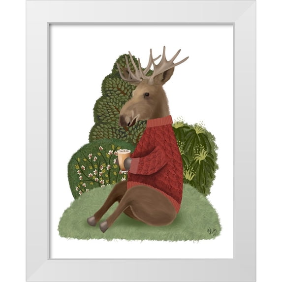 Fab Funky 26x32 White Modern Wood Framed Museum Art Print Titled - Latte Moose in Sweater