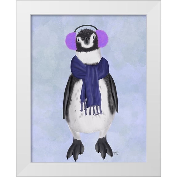 Fab Funky 26x32 White Modern Wood Framed Museum Art Print Titled - Penguin Ear Muffs
