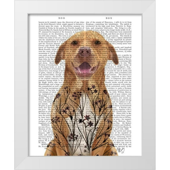 Fab Funky 26x32 White Modern Wood Framed Museum Art Print Titled - Pit Bull with Floral Tattoo