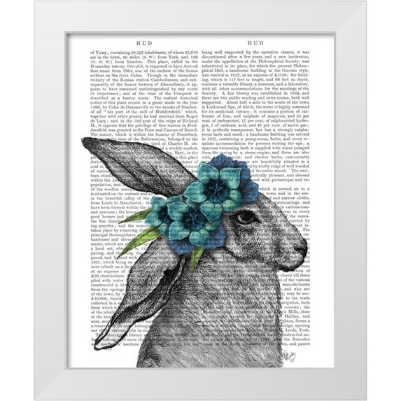 Fab Funky 26x32 White Modern Wood Framed Museum Art Print Titled - Rabbit, Blue Flower Headdress