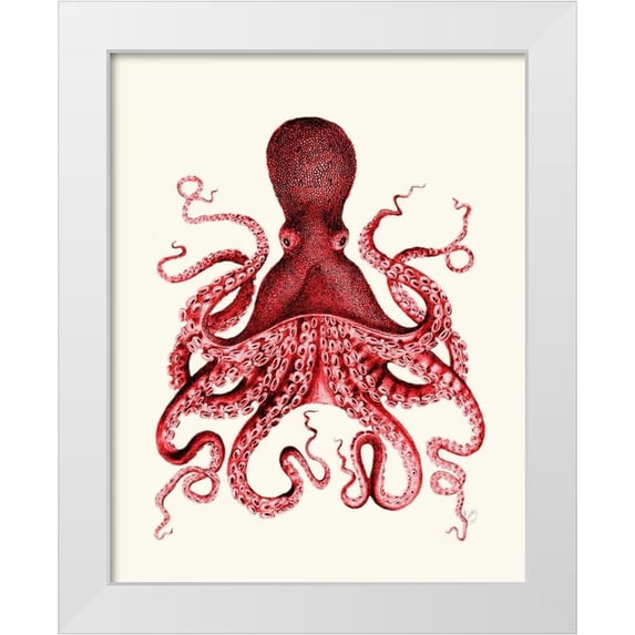 Fab Funky 26x32 White Modern Wood Framed Museum Art Print Titled - Red Octopus 3