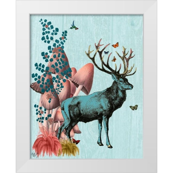 Fab Funky 26x32 White Modern Wood Framed Museum Art Print Titled - Turquoise Deer in Mushroom Forest