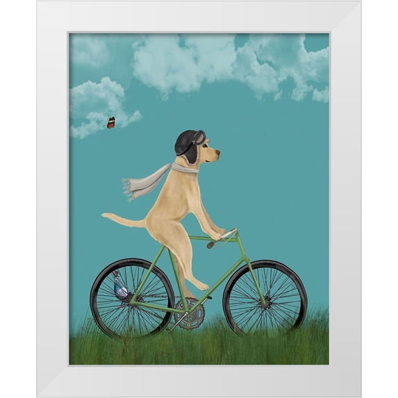 Fab Funky 26x32 White Modern Wood Framed Museum Art Print Titled - Yellow Labrador in Flying Helmet on Bicycle, Sky