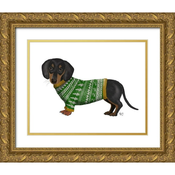 Fab Funky 32x26 Gold Ornate Wood Framed with Double Matting Museum Art Print Titled - Christmas Des - Dachshund and Christmas Sweater