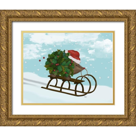 Fab Funky 32x26 Gold Ornate Wood Framed with Double Matting Museum Art Print Titled - Christmas Holly Hedgehog Sledding