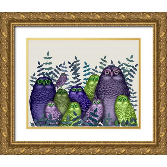 Fab Funky 32x26 Gold Ornate Wood Framed with Double Matting Museum Art Print Titled - Electric Owls, Purple and Lime