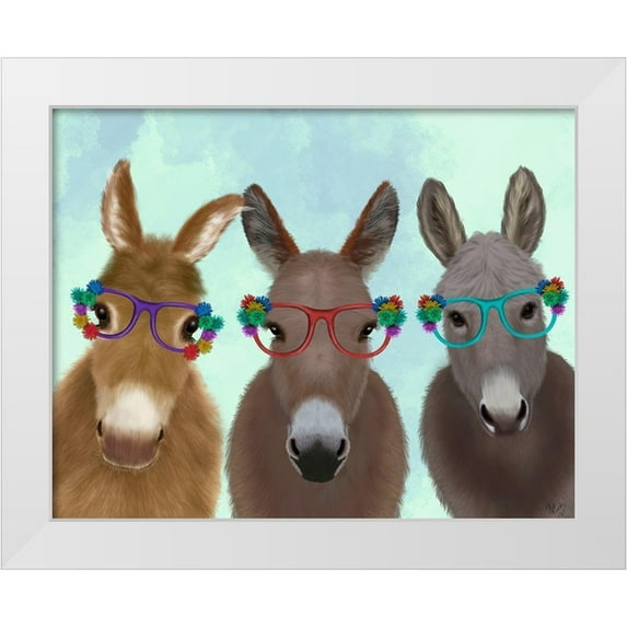 Fab Funky 32x26 White Modern Wood Framed Museum Art Print Titled - Donkey Trio Flower Glasses