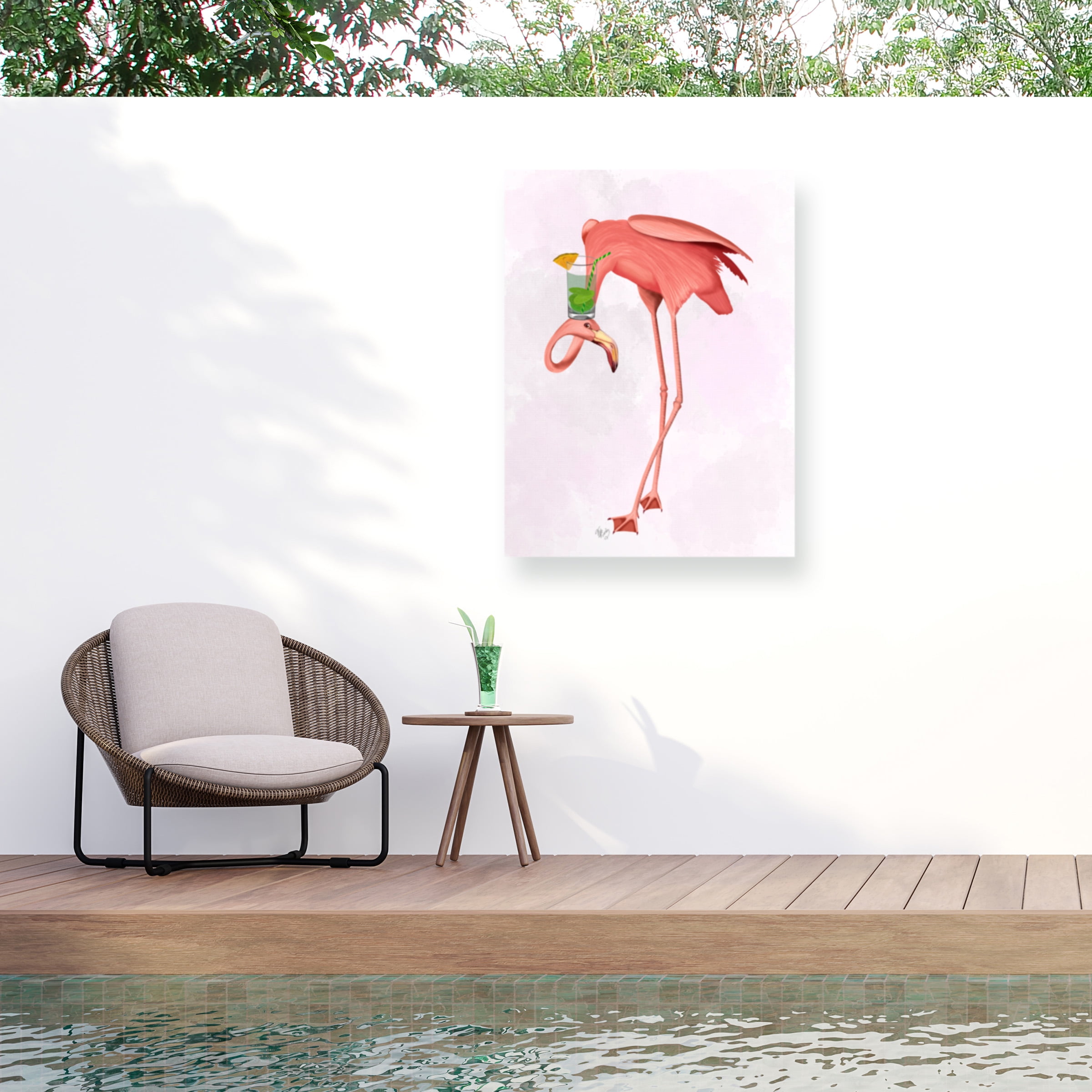 Fab Funky Pink Flamingo with Cocktail Outdoor Canvas Print 14x19