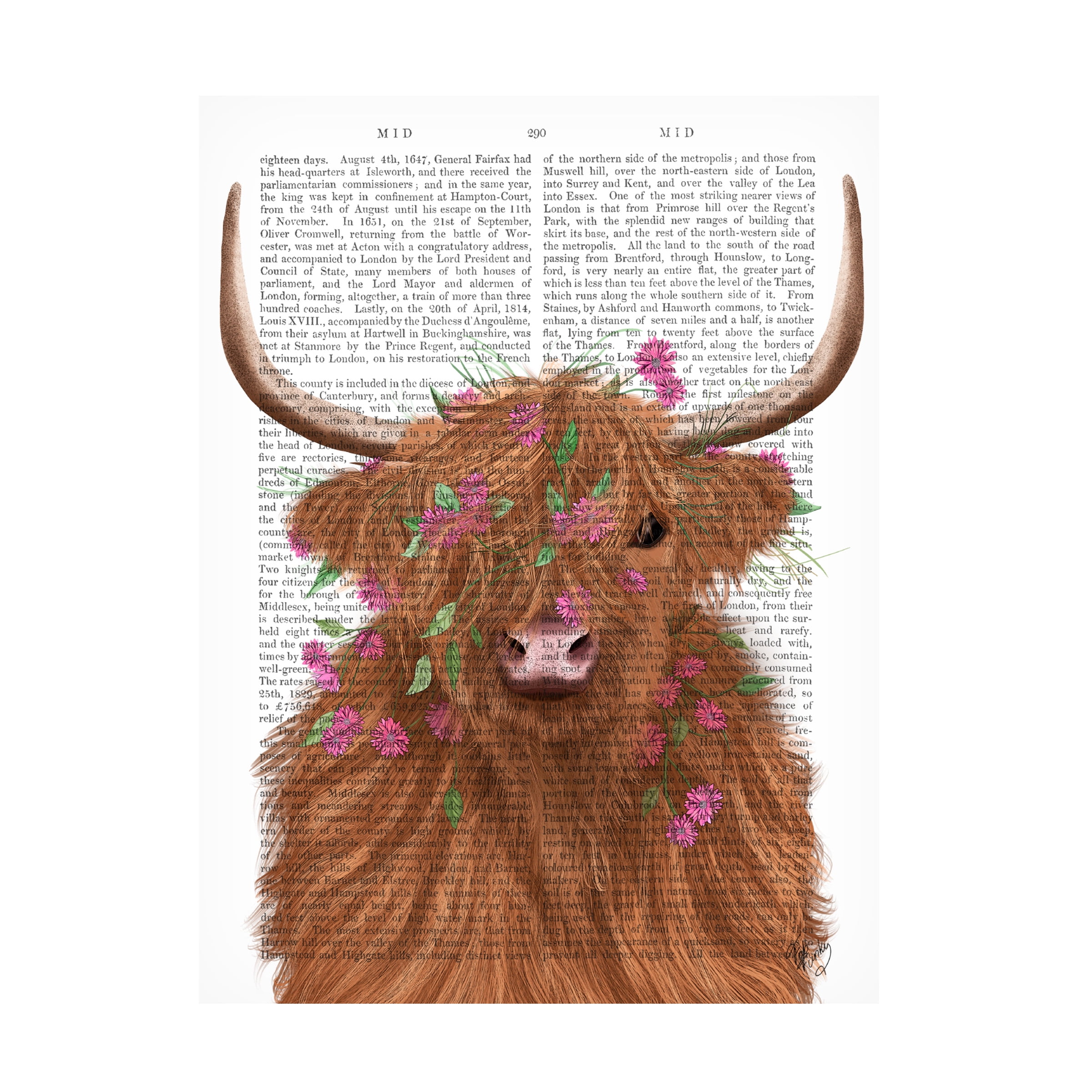 Fab Funky 'Highland Cow 1 Pink Flowers Book Print' Canvas Art