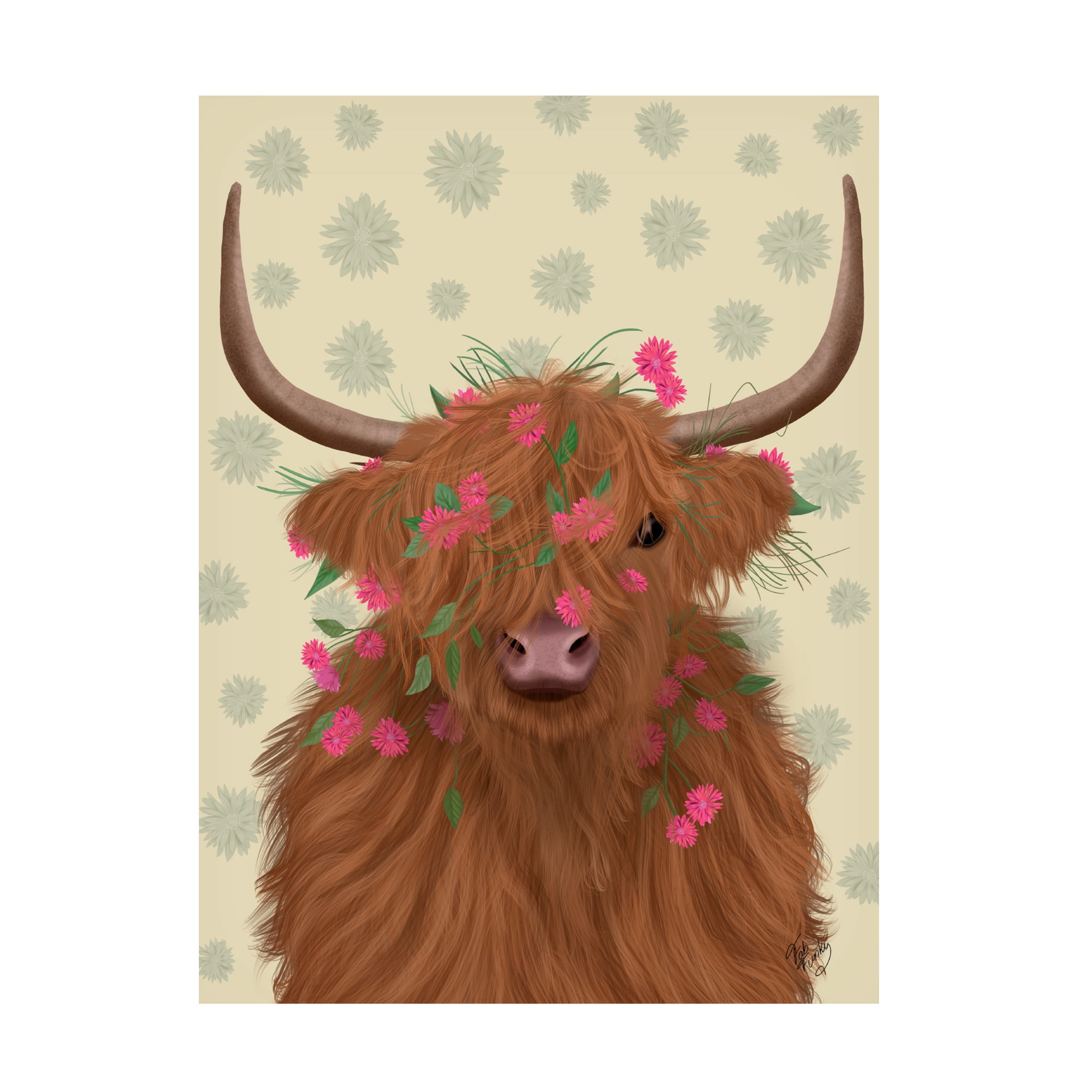 Fab Funky 'Highland Cow 1 Pink Flowers' Canvas Art