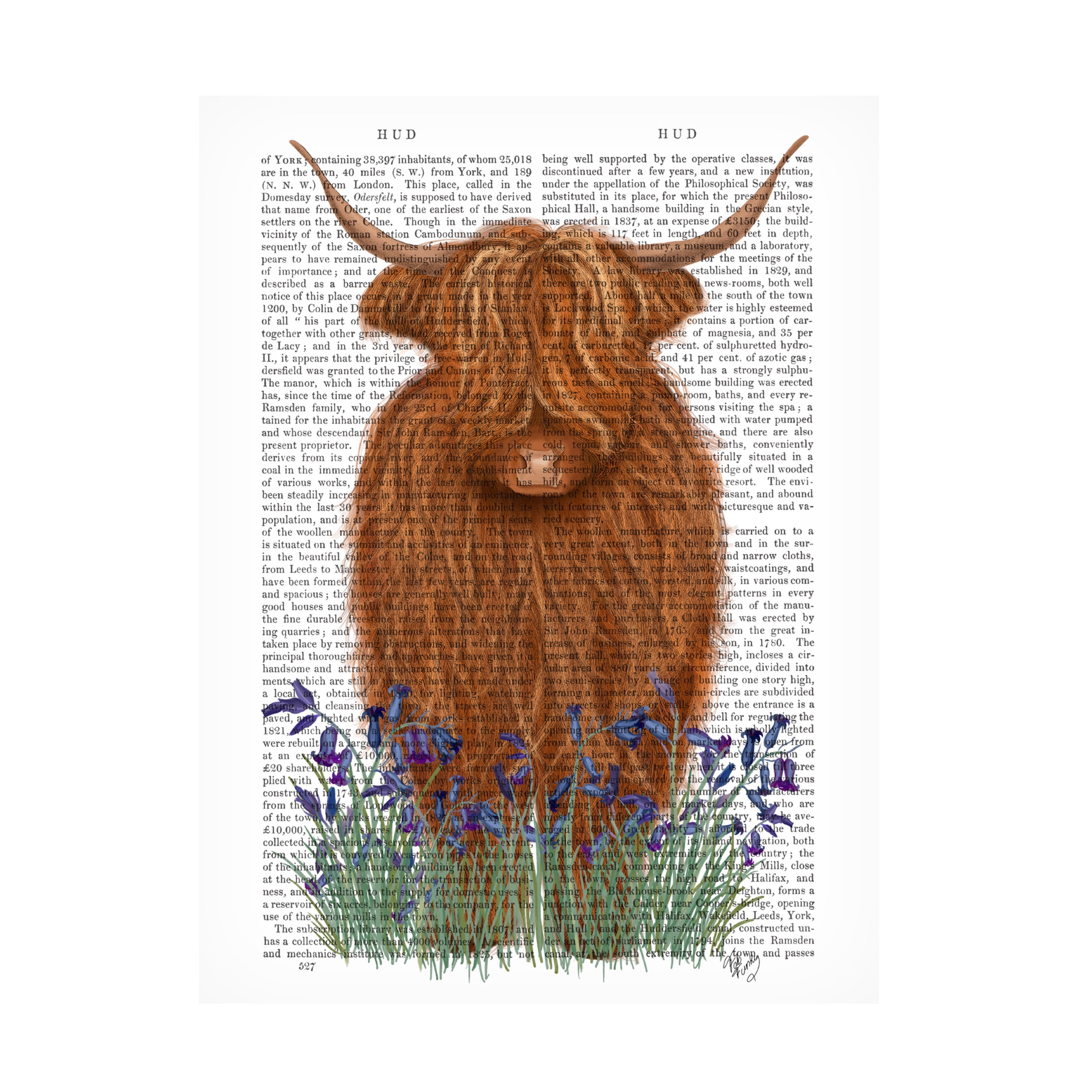 Fab Funky 'Highland Cow Bluebell Book Print' Canvas Art