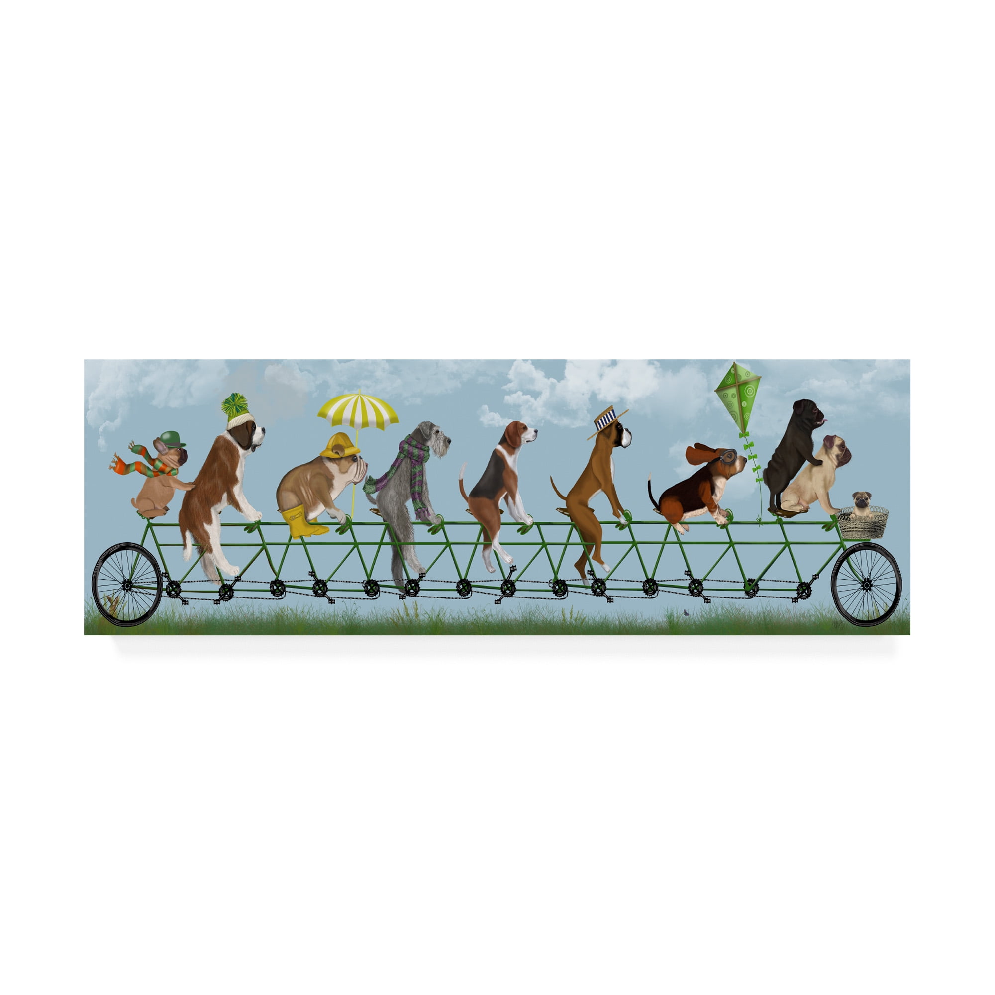 Whimsical Dogs on Tandem Bicycle Canvas Art, 8x24
