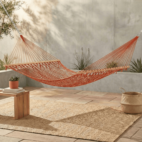 Fab Habitat 12 -14 ft Adjustable Quick Dry Recycled Polyester Rope Hammock, Fade Resistant, 2 Person Indoor/Outdoor (460lbs Capacity) for Patio, Poolside, Backyard, Garden, Balcony, Miami - Tangerine