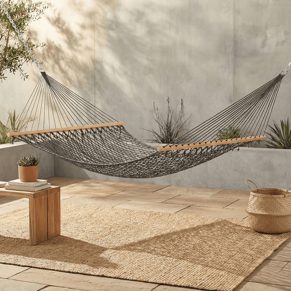 Fab Habitat 12 -14 ft Adjustable Quick Dry Recycled Polyester Rope Hammock, Fade Resistant, 2 Person Indoor/Outdoor (460lbs Capacity) for Patio, Poolside, Backyard, Garden, Balcony, Miami - Charcoal