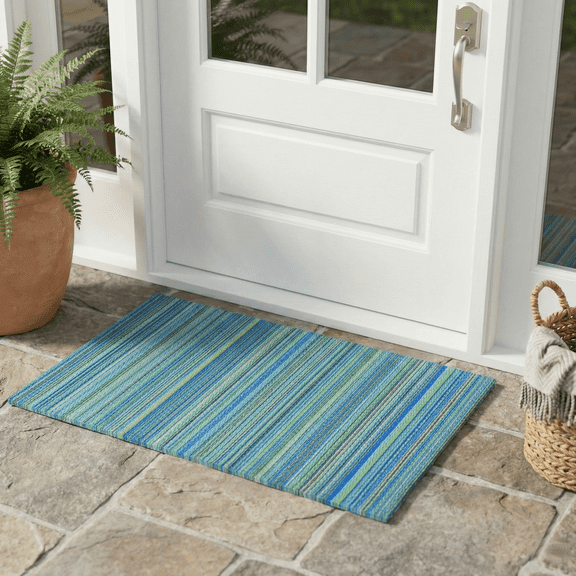 Fab Habitat Striped Non Slip Doormat - Durable, Thin - Recycled Plastic - Entryway, Front Door, Porch, Patio - Cancun Turquoise/Moss Green (24" x 36" Non-Slip)
