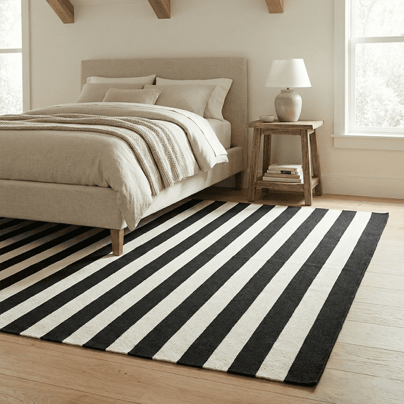 FH Home Machine Washable Area Rug - Hand Woven, Stain Resistant, Pet Friendly - Premium Recycled Polyester Yarn - Stripes - Bedroom, Living/Dining Room - Nantucket - Black & White - 5 x 8 ft