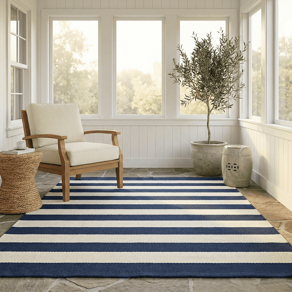 Fab Habitat, Indoor Outdoor Floor Rug - Handwoven, Made from Recycled Plastic Bottles - Nantucket - Blue & White (3' x 5')