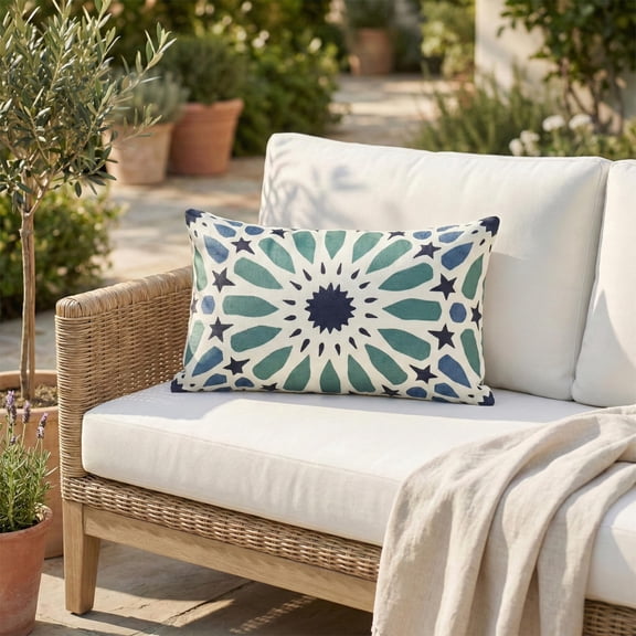 Fab Habitat Indoor/Outdoor Lumbar Pillow Made from Recycled Polyester Yarn - Stain Resistant, Machine Washable, Insert Included- Tile - Patio, Deck, Porch, Living Room - Mosaic Multi Blue (14" x 24")