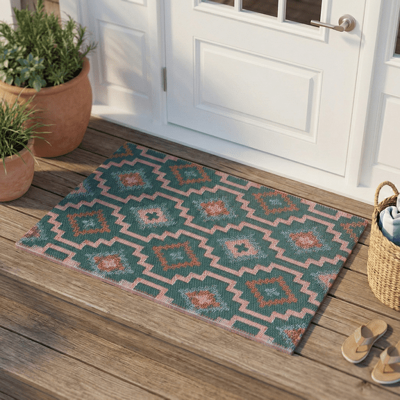 Fab Habitat Striped Non Slip Doormat - Durable, Thin - Recycled Plastic - Entryway, Front Door, Porch, Patio - Lhasa - Green (24" x 36" Non-Slip)